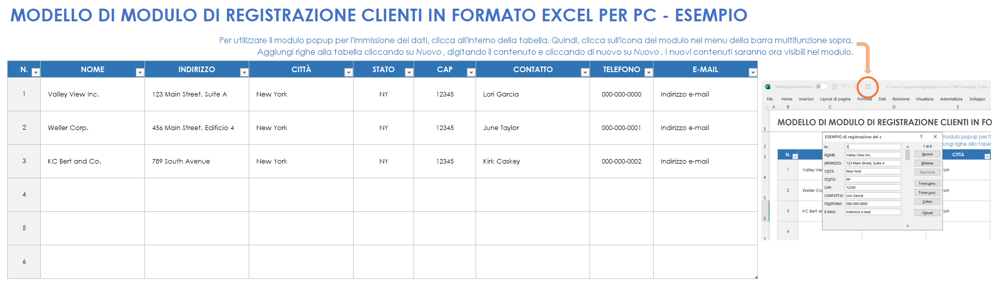 Esempio di modello di modulo di registrazione clienti Excel