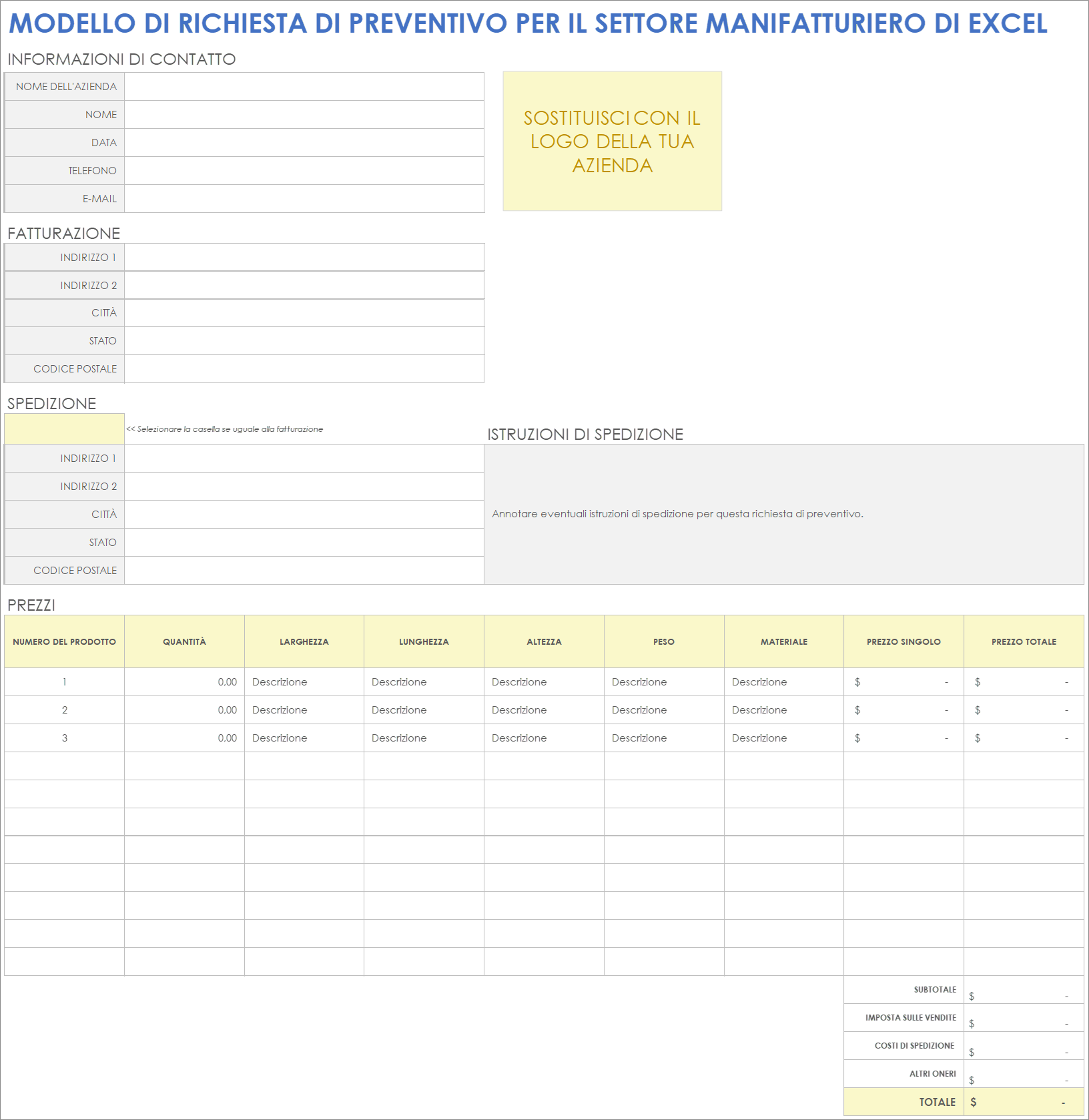 Modello di richiesta di preventivo per il settore manifatturiero di Excel