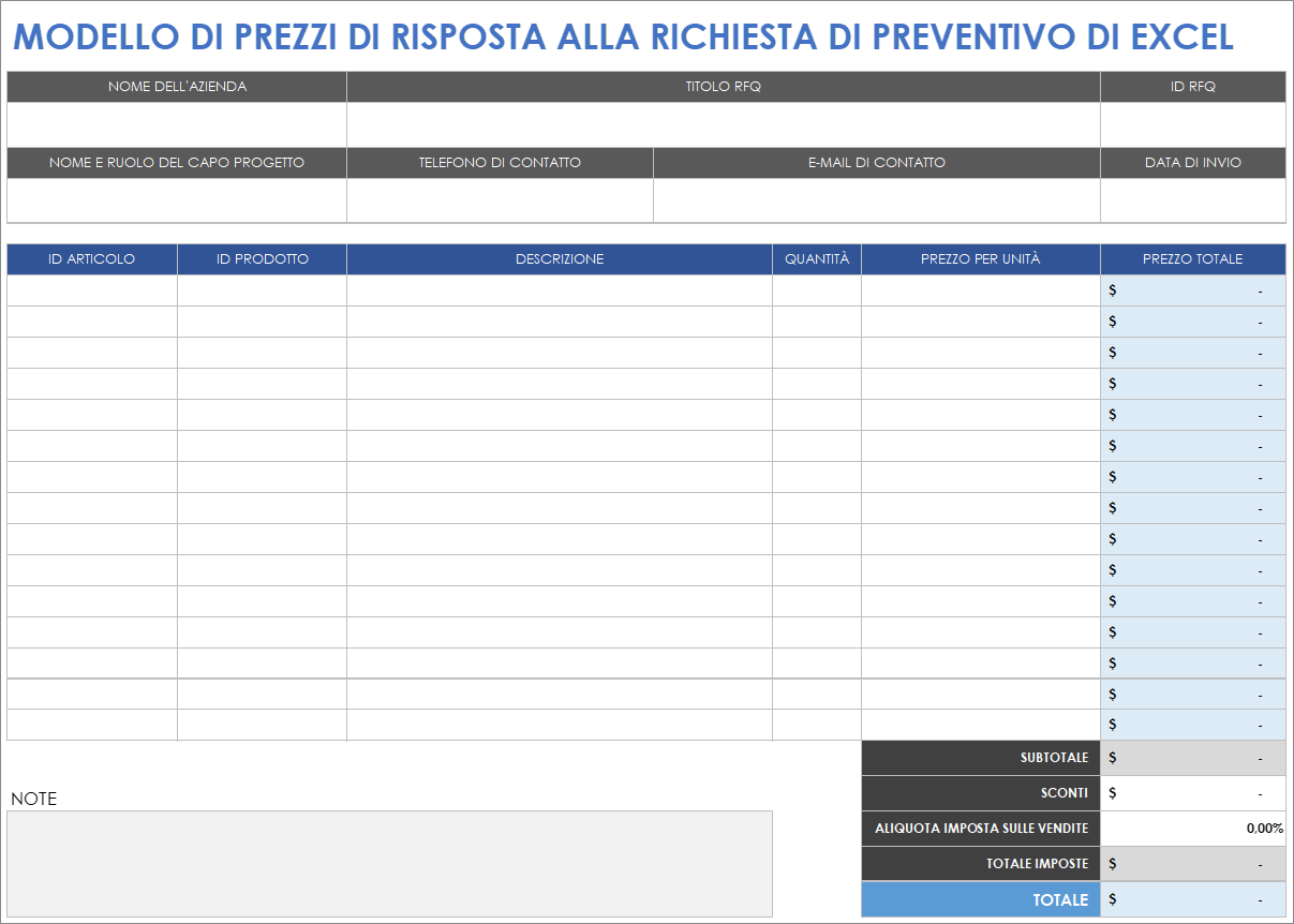 Modello di prezzi di risposta a una richiesta di preventivo di Excel
