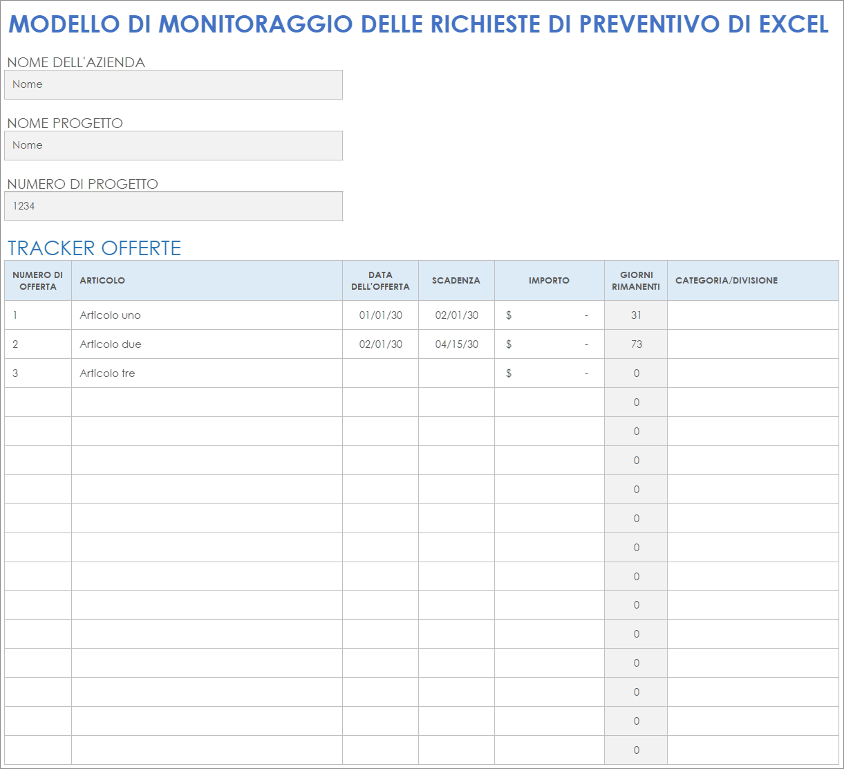 Modello per il monitoraggio delle richieste di preventivo di Excel