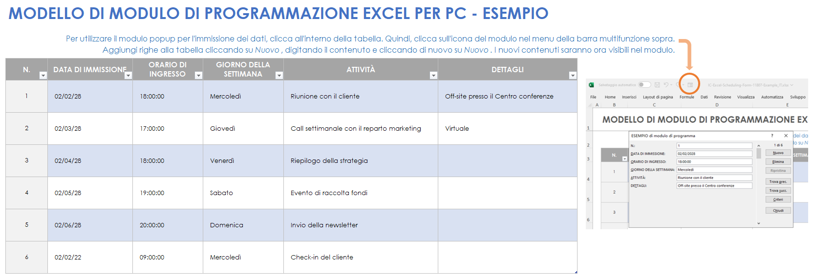 Esempio di modello di modulo di programmazione Excel