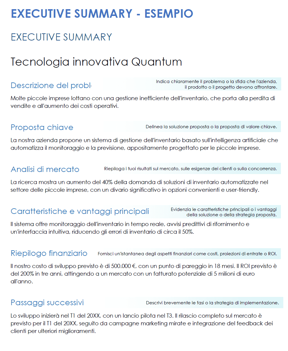 Modello di esempio di riepilogo esecutivo