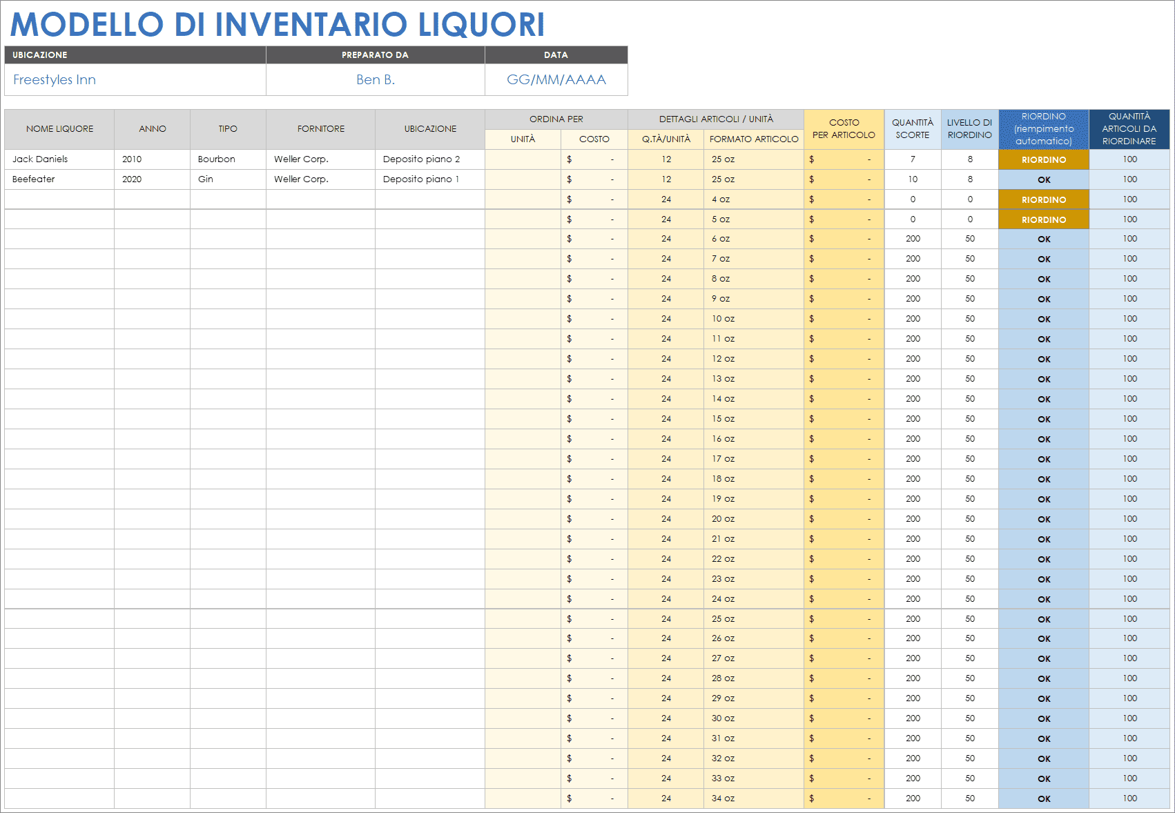 Modello di inventario dei liquori