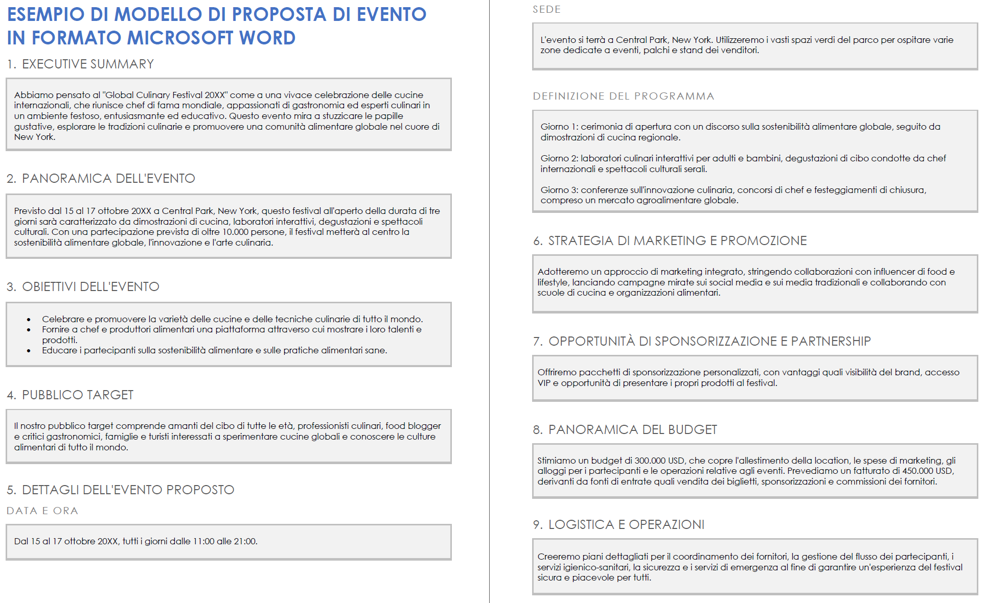 Esempio di modello di proposta di evento di Microsoft Word