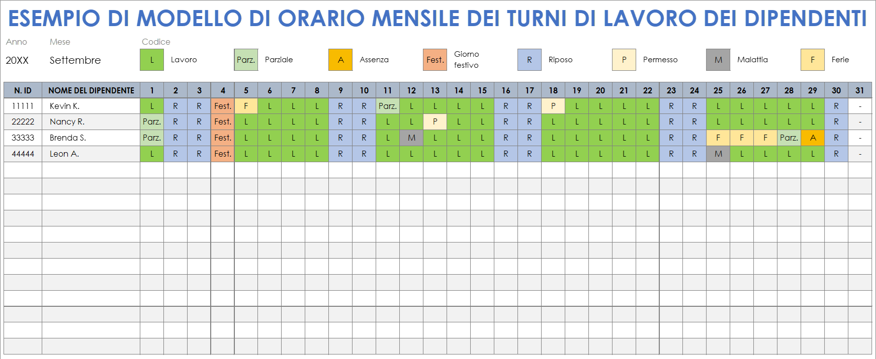 Esempio di modello di orario mensile dei turni di lavoro dei dipendenti
