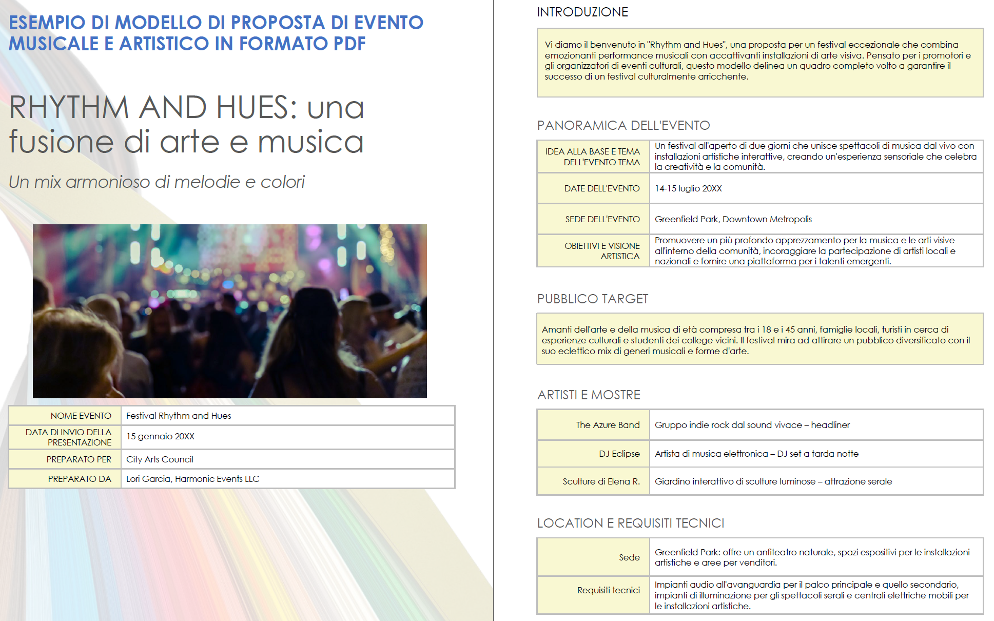 Esempio di modello di proposta di evento musicale e artistico in formato PDF