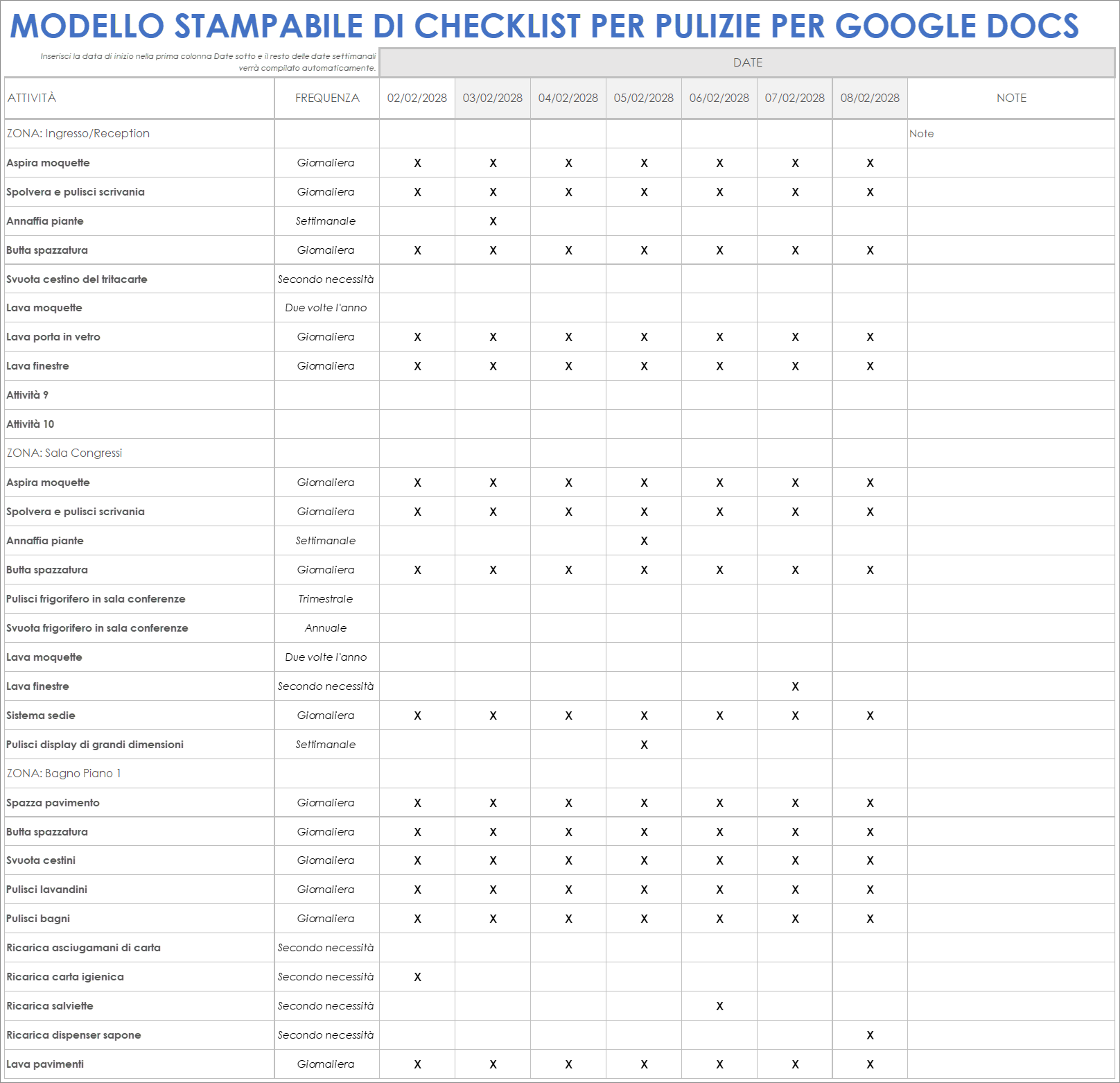 Modello di checklist di pulizia stampabile per Fogli Google