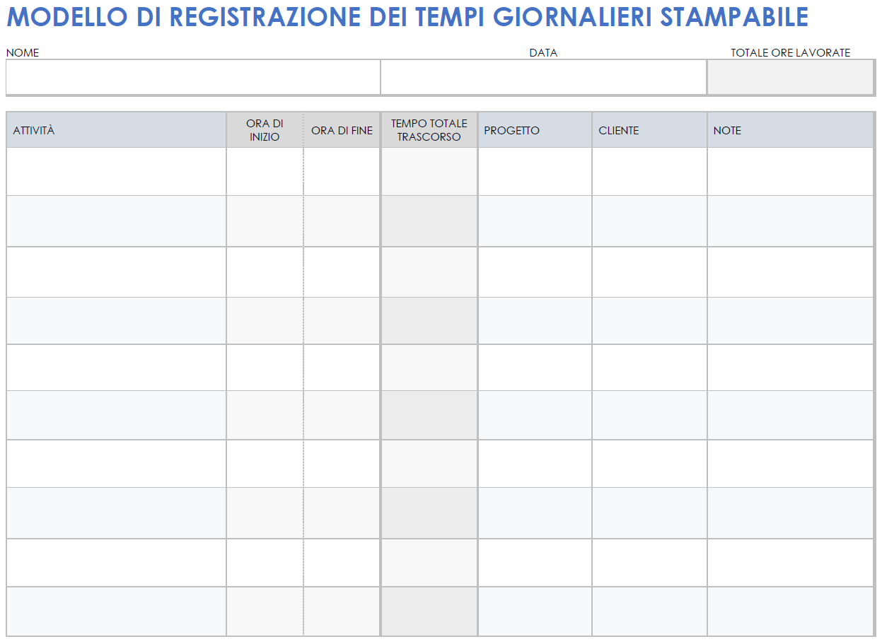 Modello di registrazione del tempo su base giornaliera stampabile