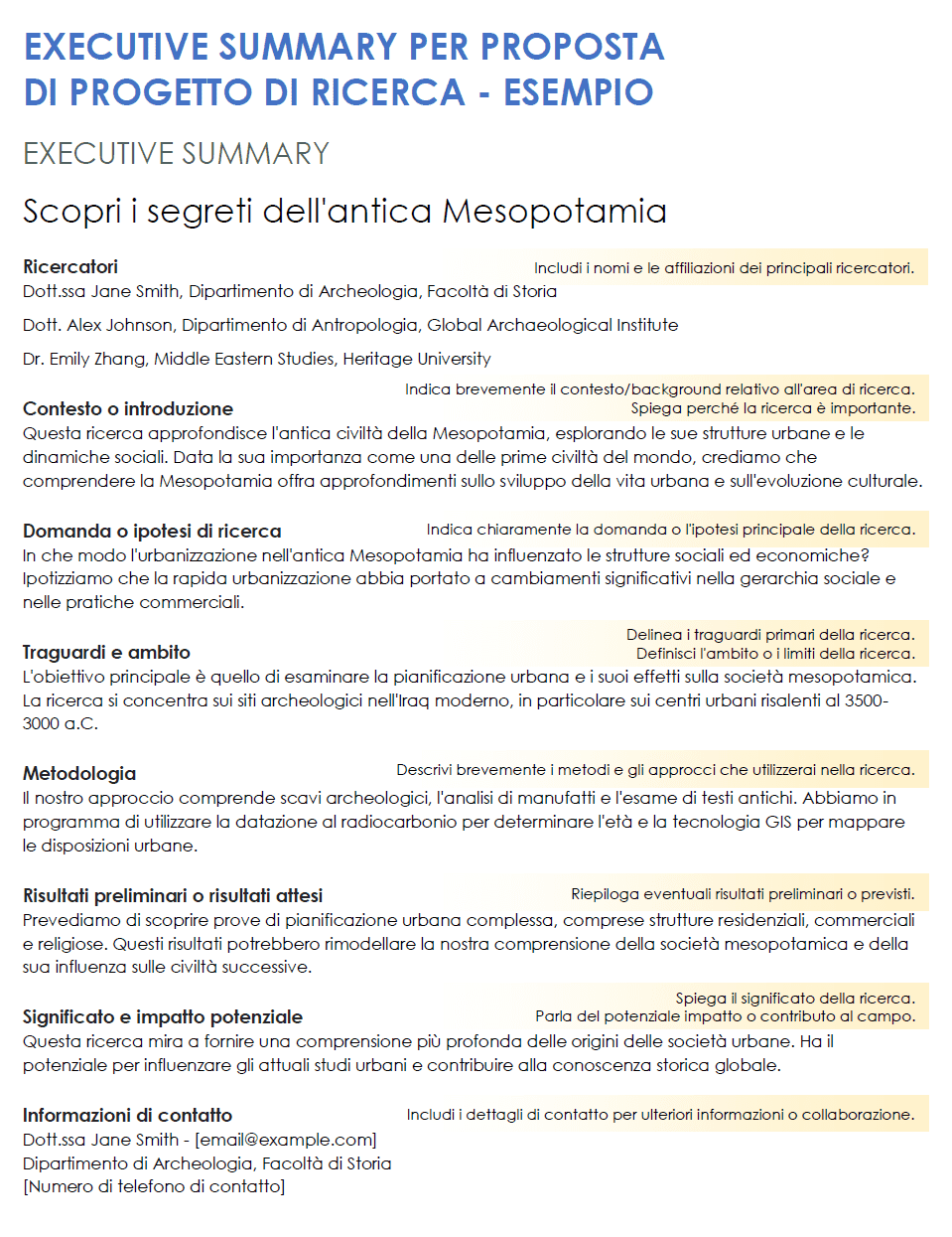Modello di riepilogo esecutivo della proposta di progetto di ricerca