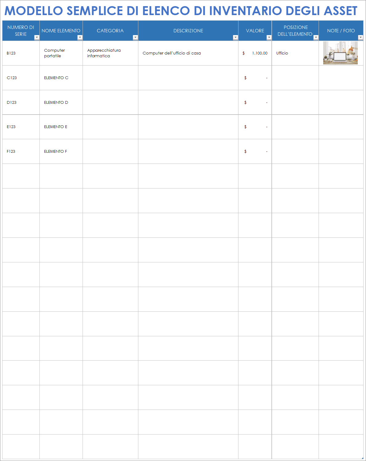 Modello di elenco di inventario delle risorse semplice