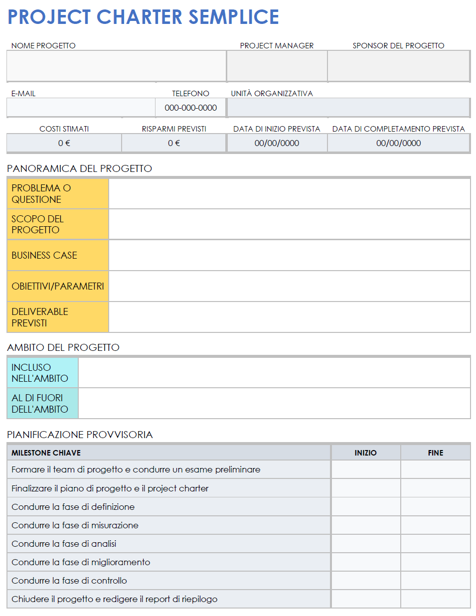 Modello di project charter semplice per Microsoft Word
