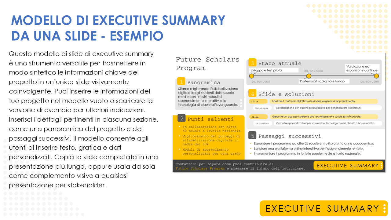 Modello di esempio di executive summary da una slide