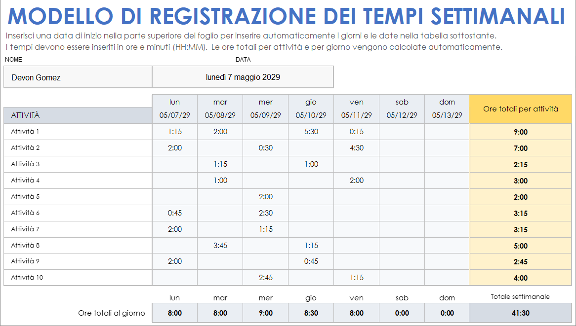 Modello di registrazione dei tempi su base settimanale