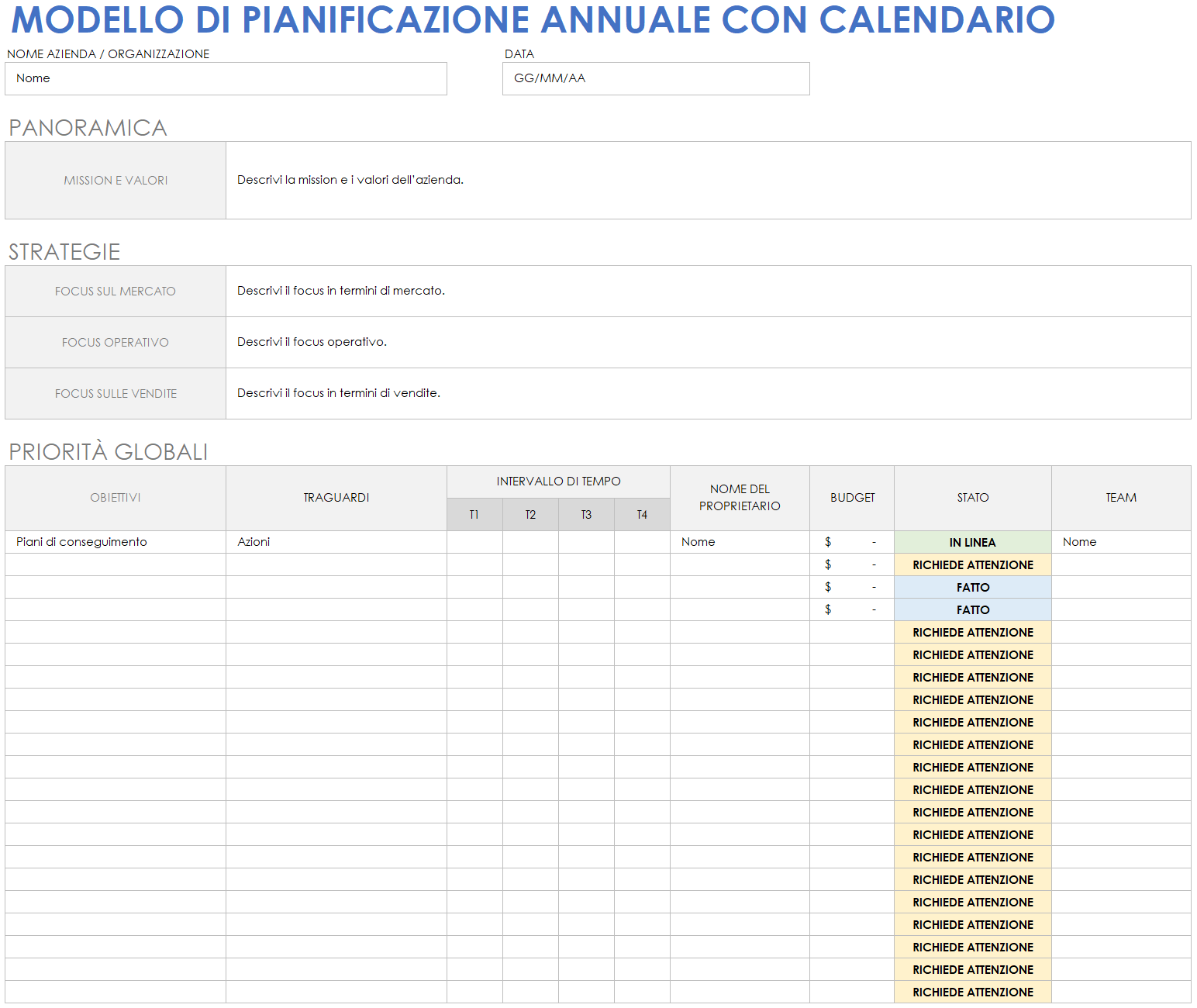 Modello di pianificazione annuale con calendario