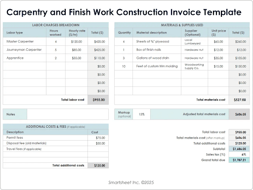 Modello di fattura per lavori di carpenteria e finitura