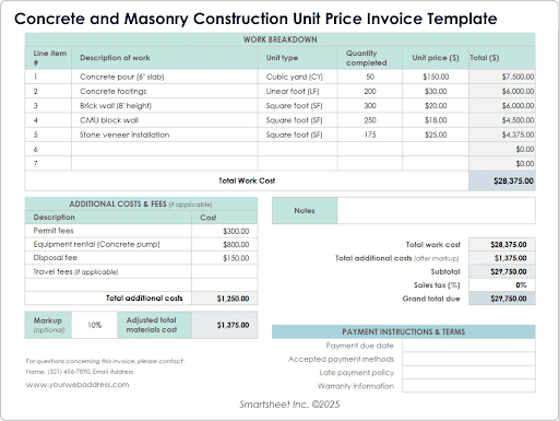 Modello di fattura per prezzi unitari per costruzioni in calcestruzzo e muratura