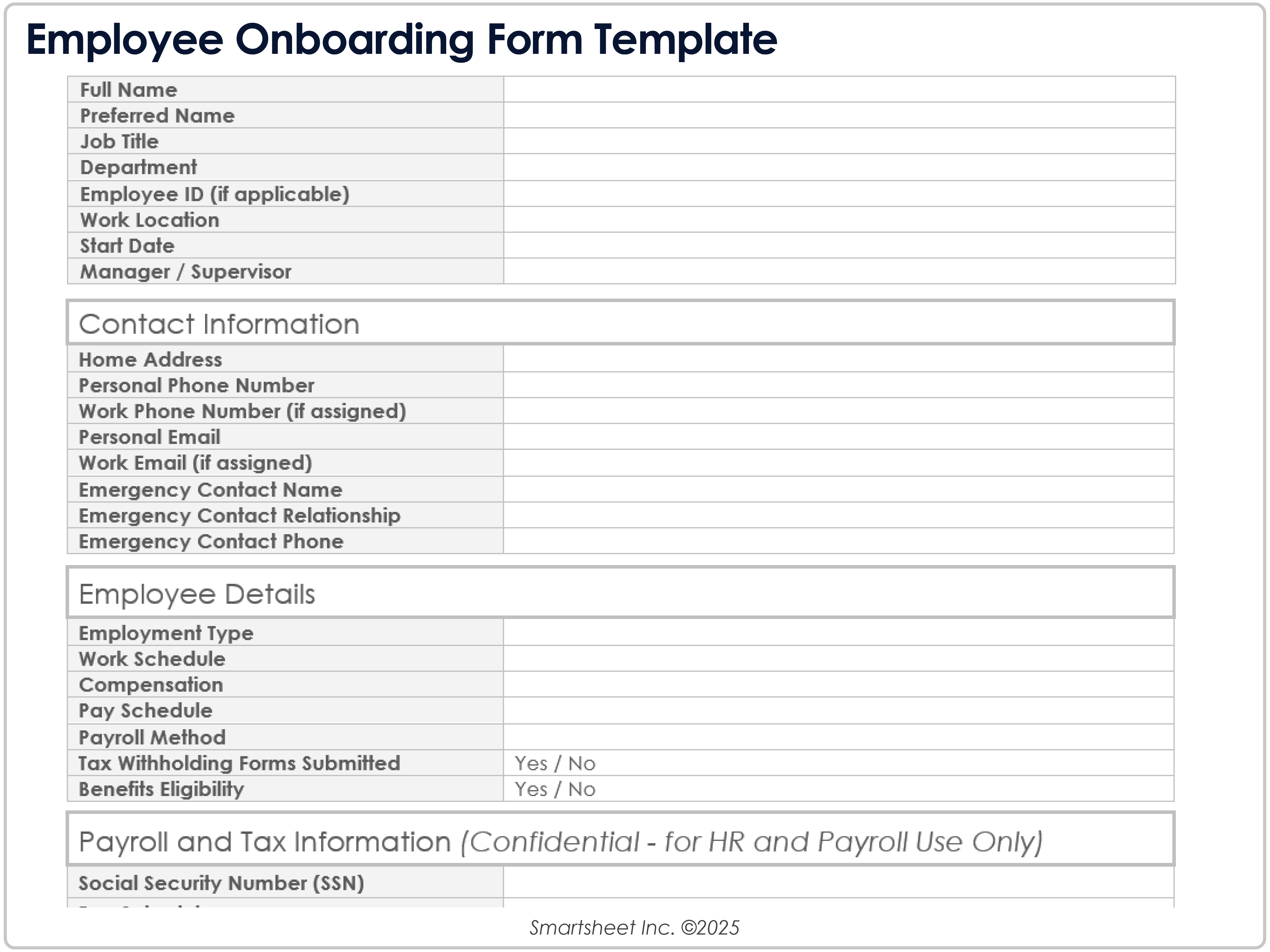 Modello di modulo di onboarding dei dipendenti