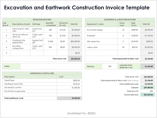 Modello di fattura per lavori di scavo e di terra