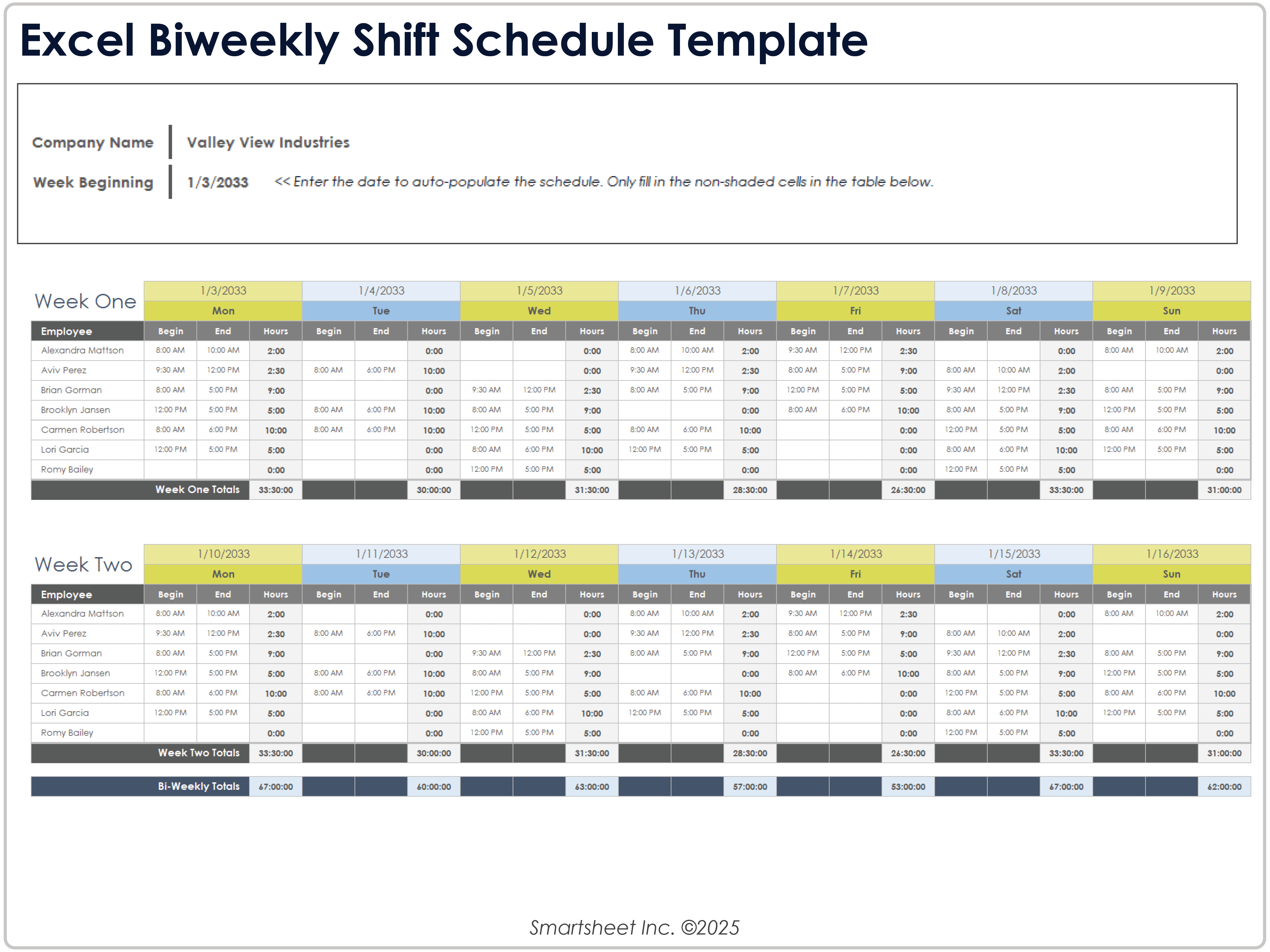 Esempio di modello di programmazione bisettimanale di turni in Excel