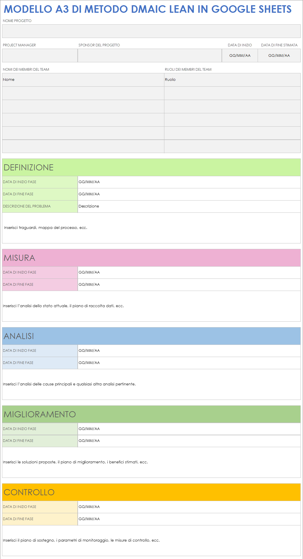 Modello A3 DMAIC Lean per Google Sheets