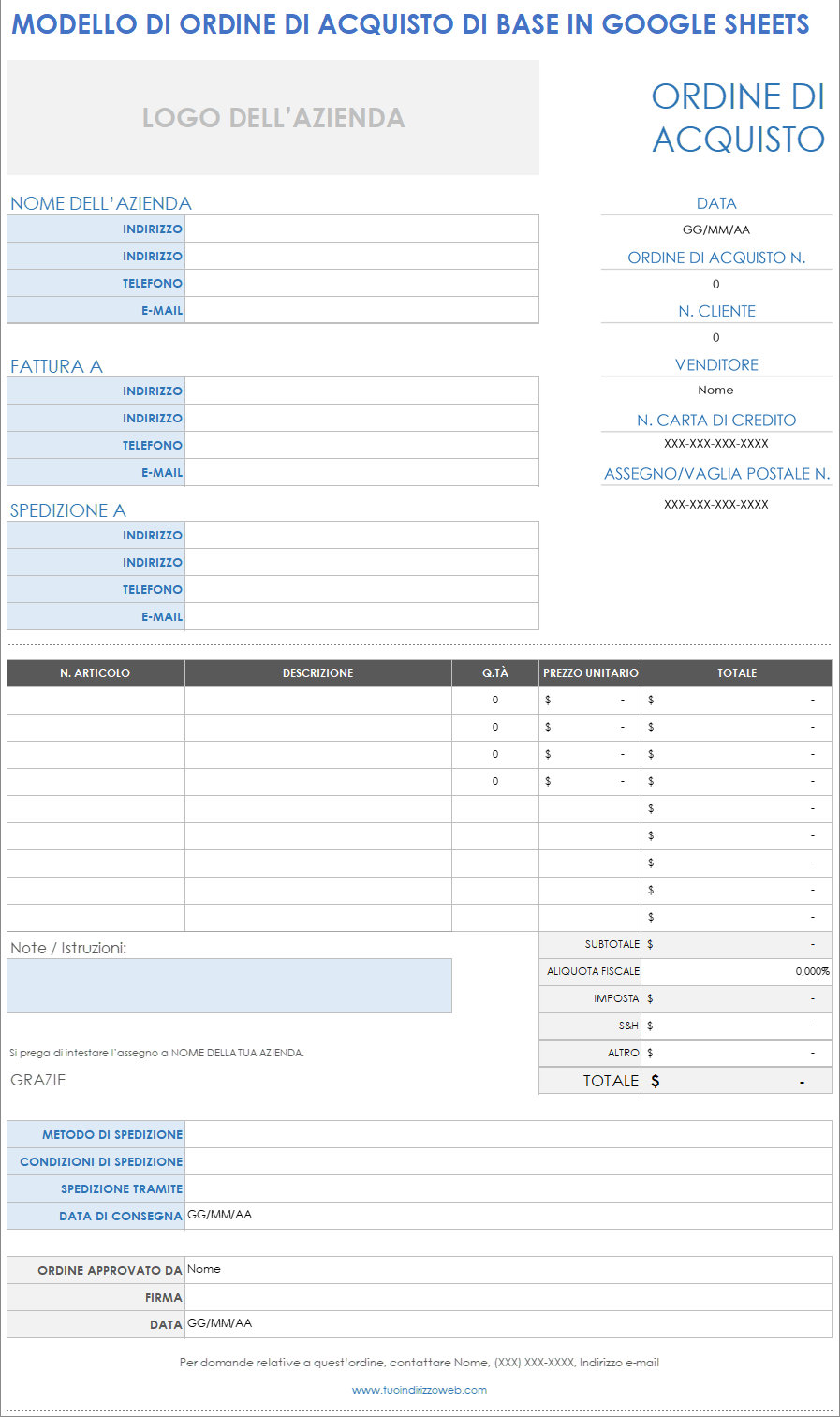 Modello di ordine di acquisto di base in Google Sheets