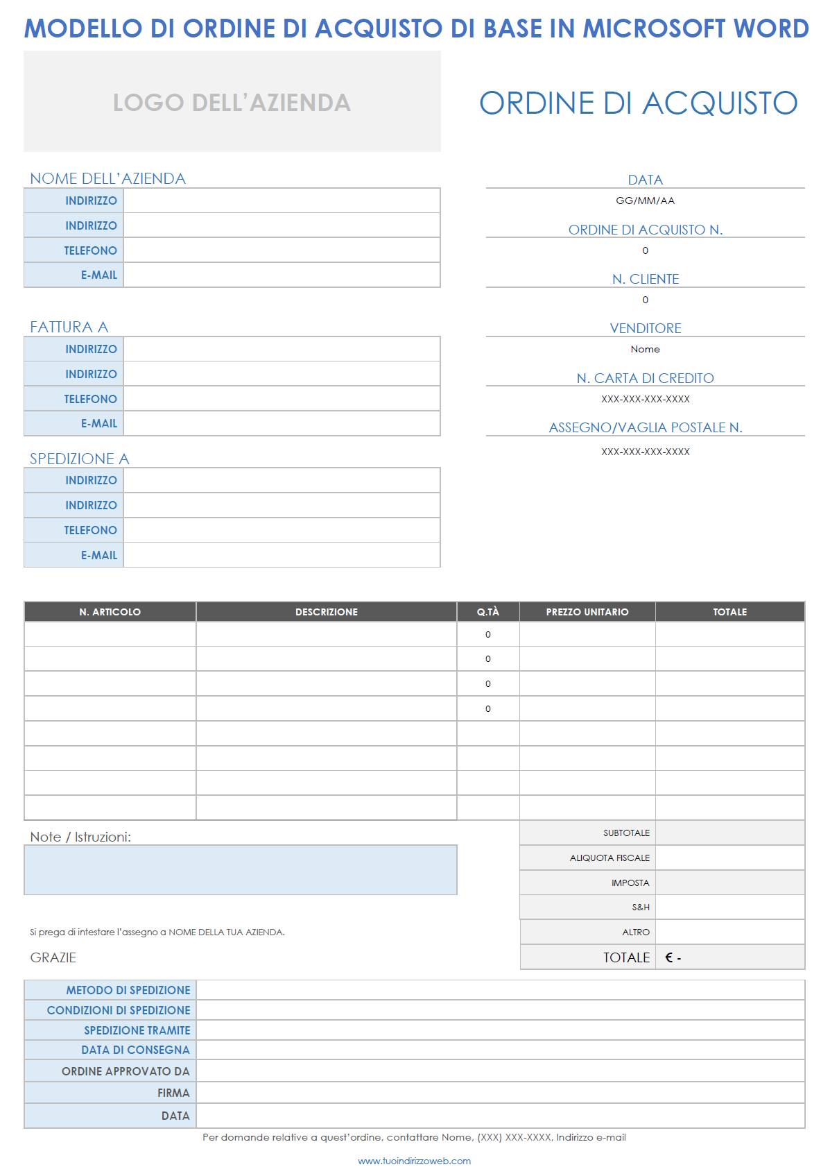 Modello di ordine di acquisto di base in Microsoft Word