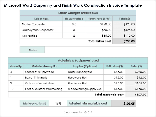 Modello di fattura Microsoft Word per lavori di carpenteria e costruzione