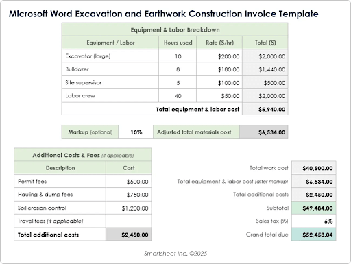 Modello di fattura per scavi e costruzioni in terra di Microsoft Word