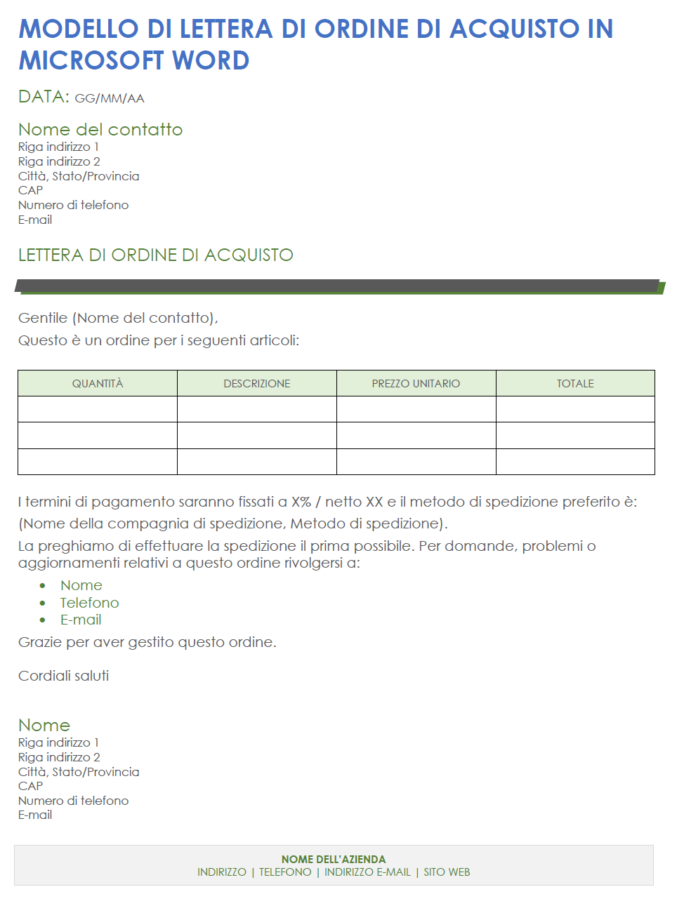 Modello di lettera di ordine di acquisto in Microsoft Word