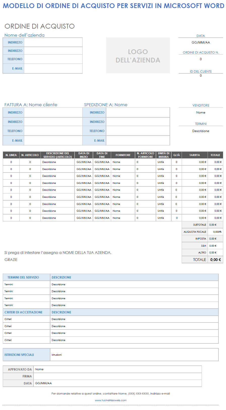 Modello di ordine di acquisto per servizi in Microsoft Word