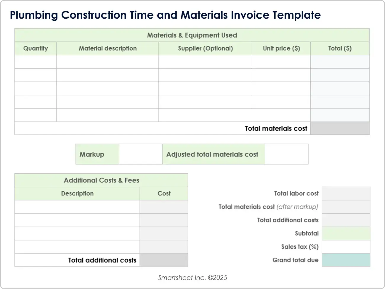 Modello di fattura per tempi e materiali per la costruzione di impianti idraulici