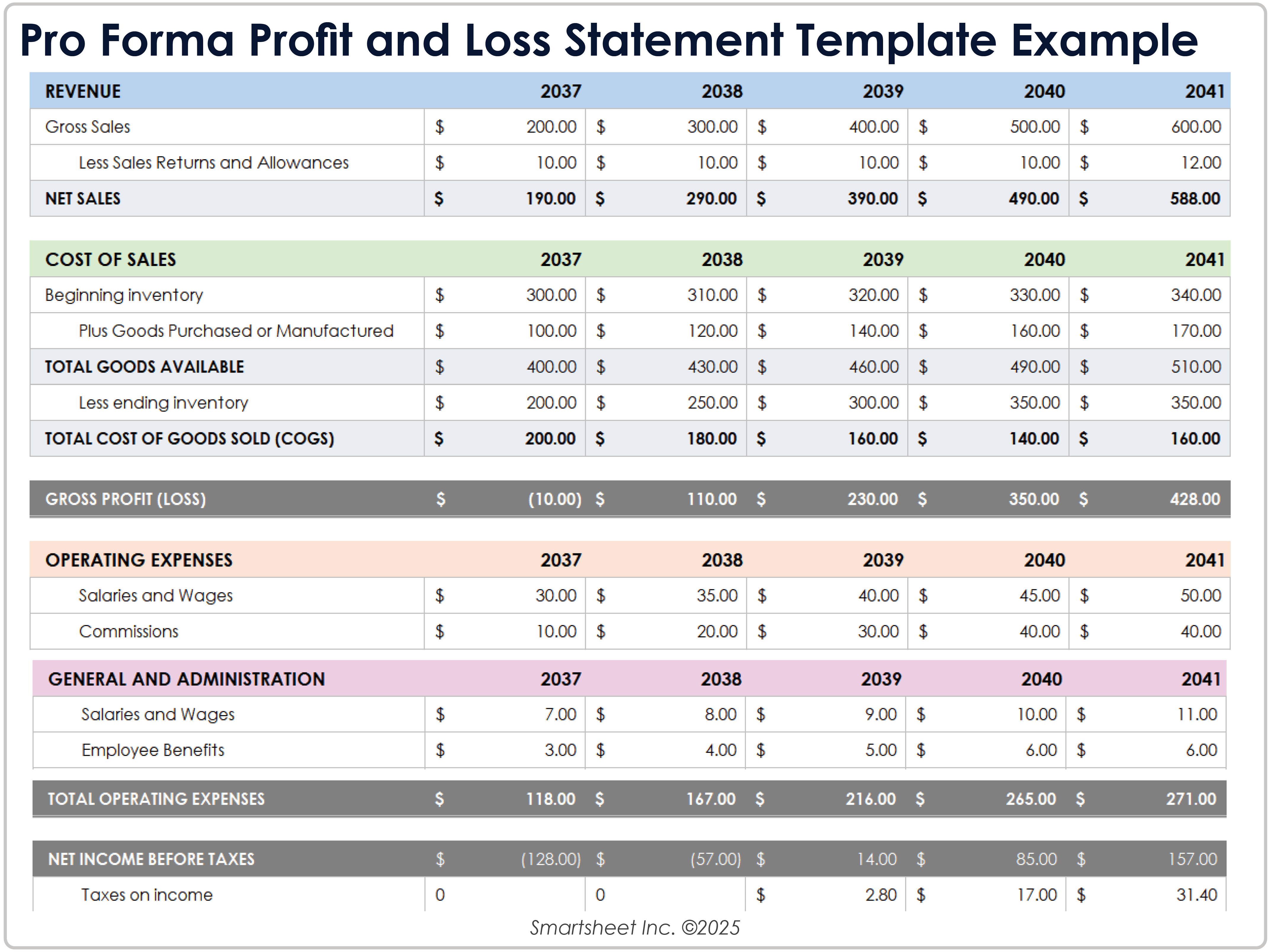 Esempio di modello di conto economico pro forma
