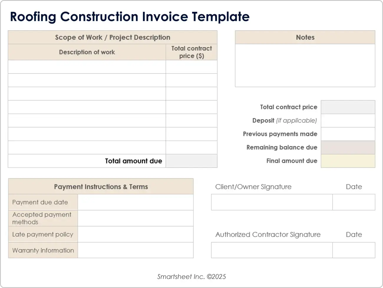 Modello di fattura per la costruzione di tetti