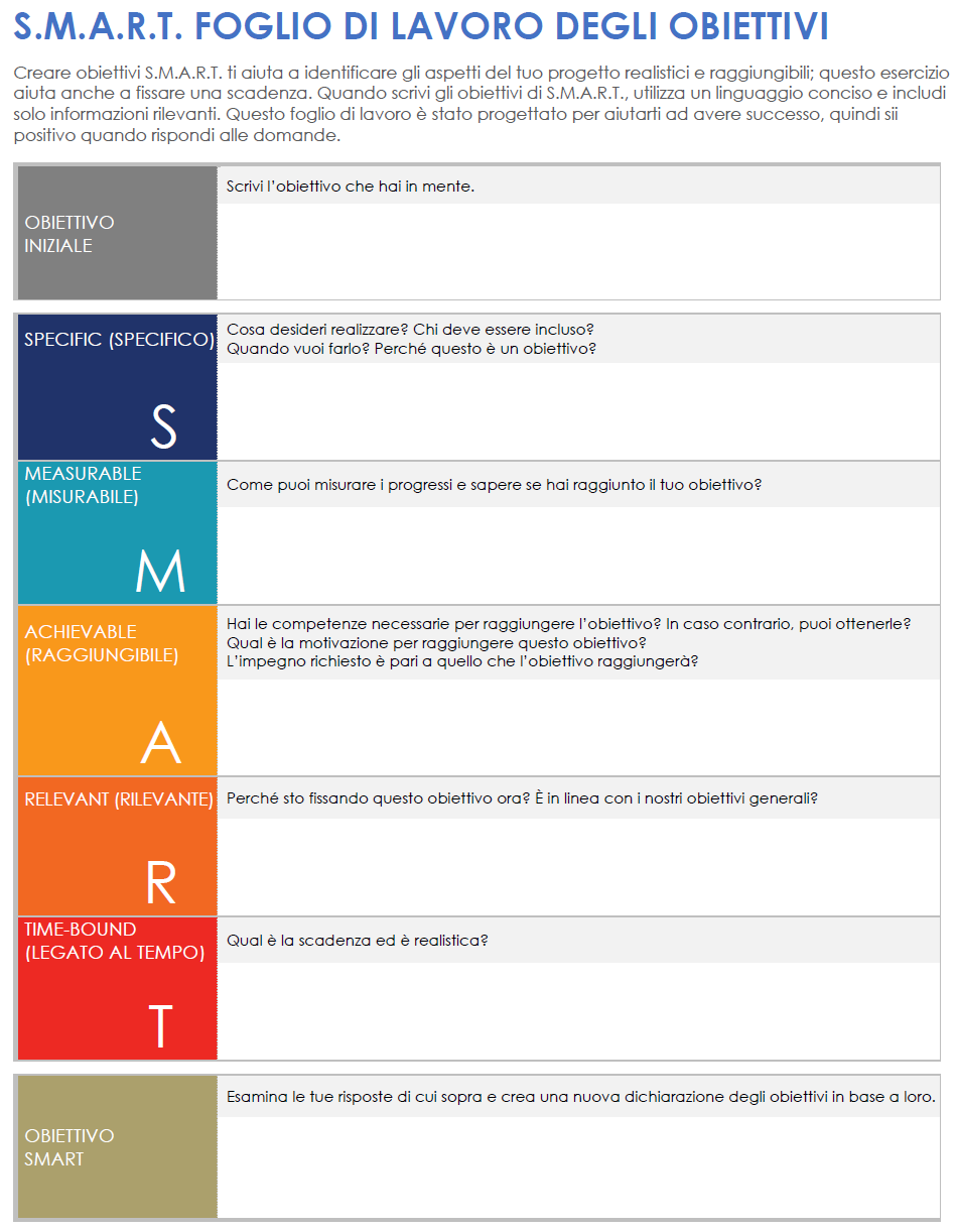 Modello di foglio di lavoro con obiettivi SMART con testo campione