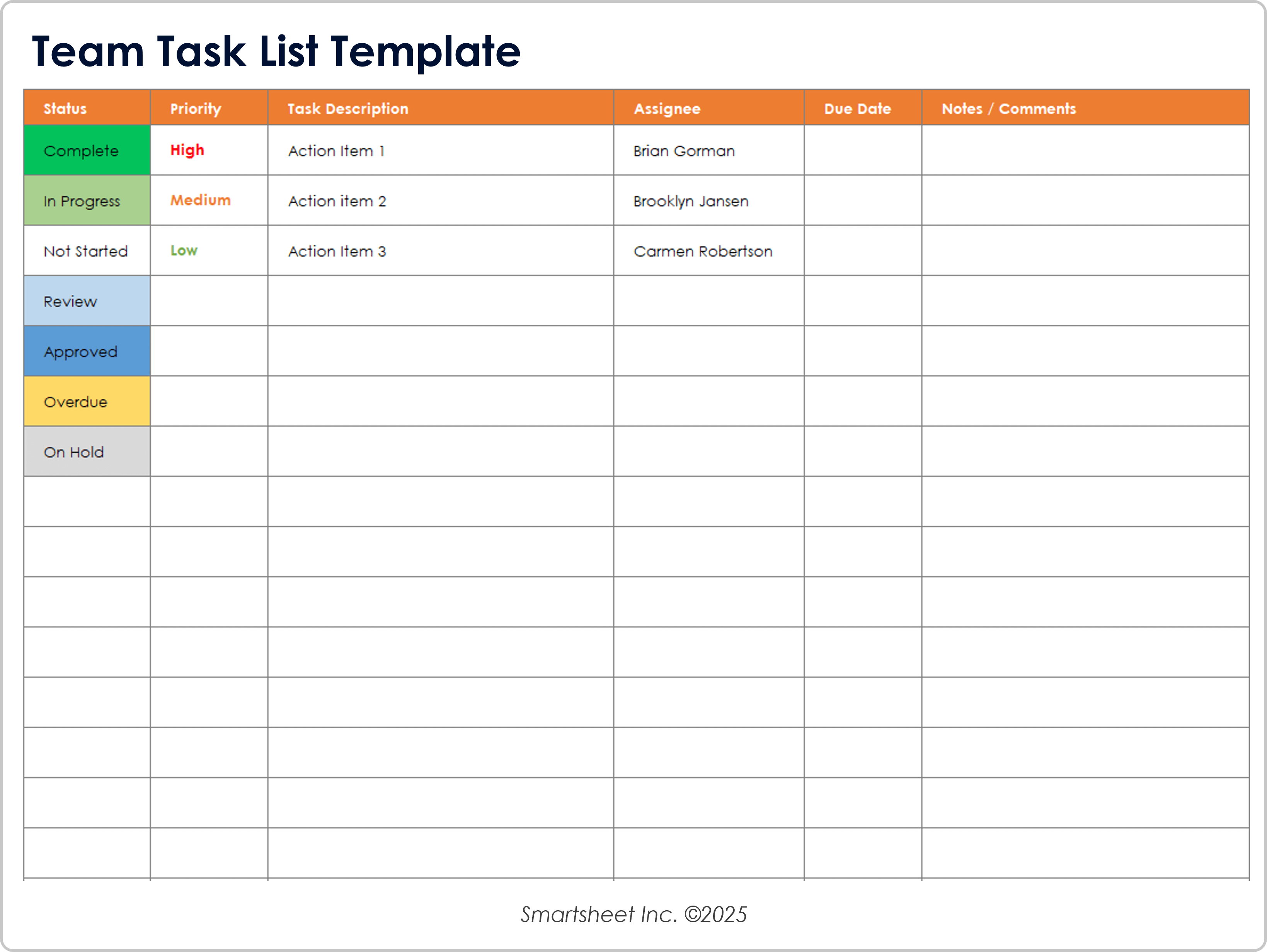 Modello di lista delle attività per i team