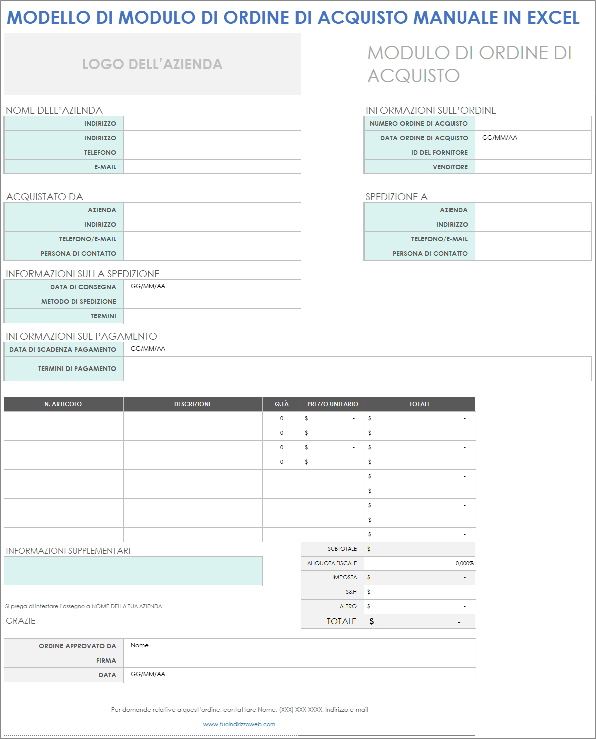  modello di modulo d'ordine di acquisto manuale Excel
