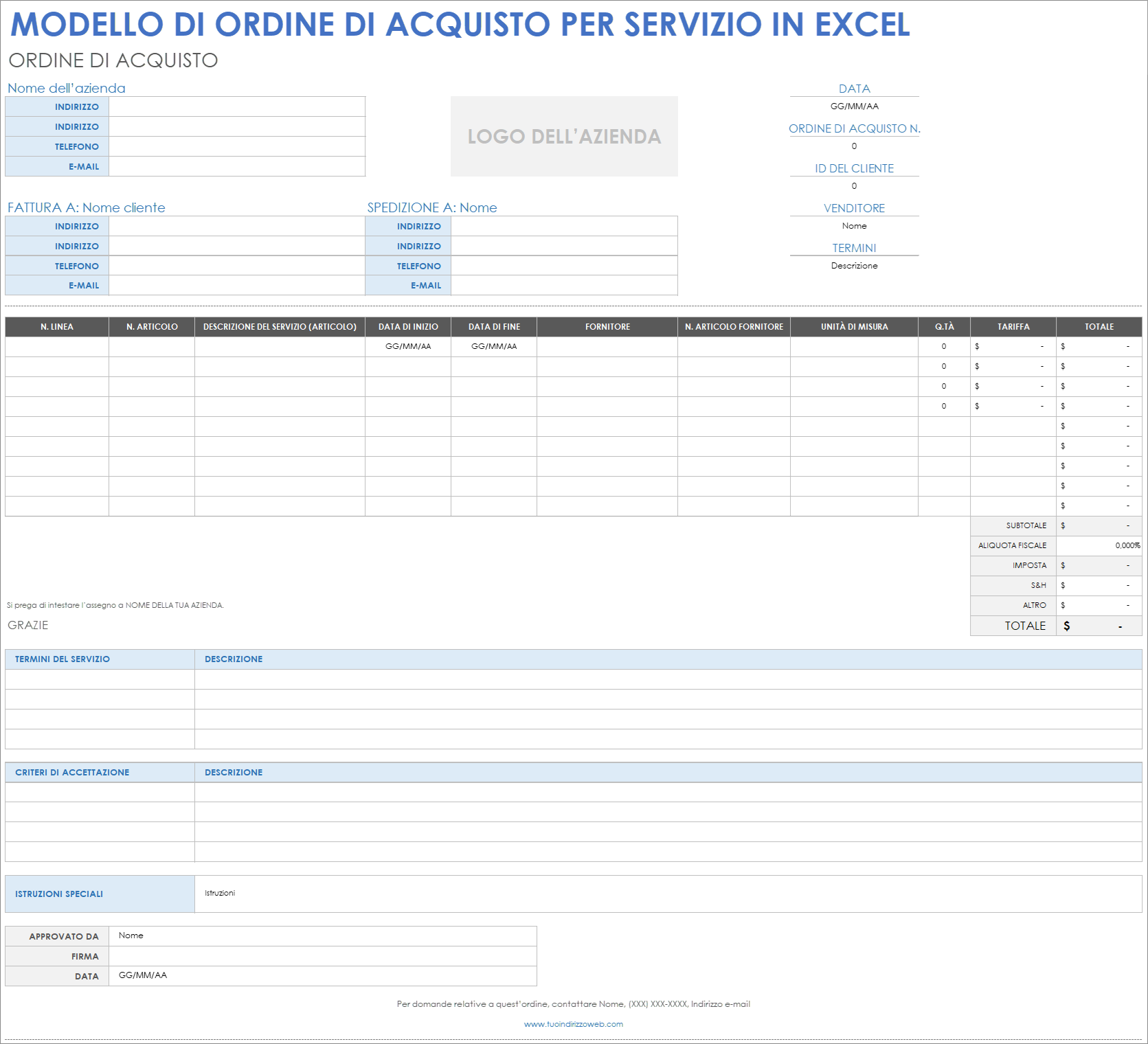  modello di ordine di acquisto di servizi Excel
