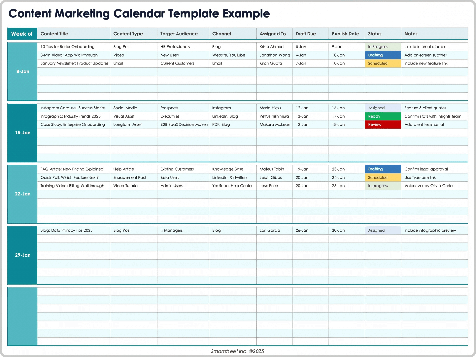 Esempio di modello di calendario di Content Marketing