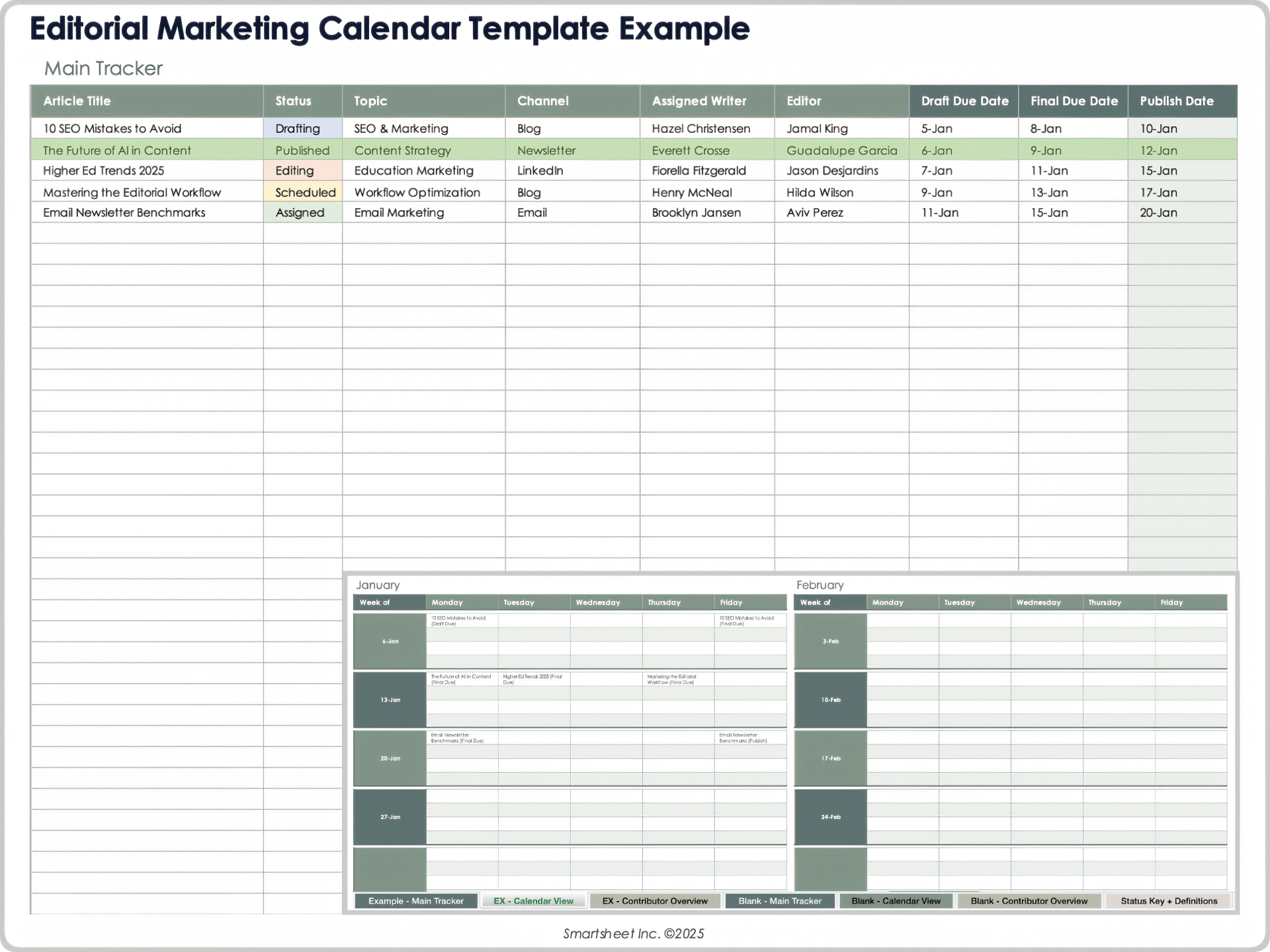 Esempio di modello di calendario di marketing editoriale