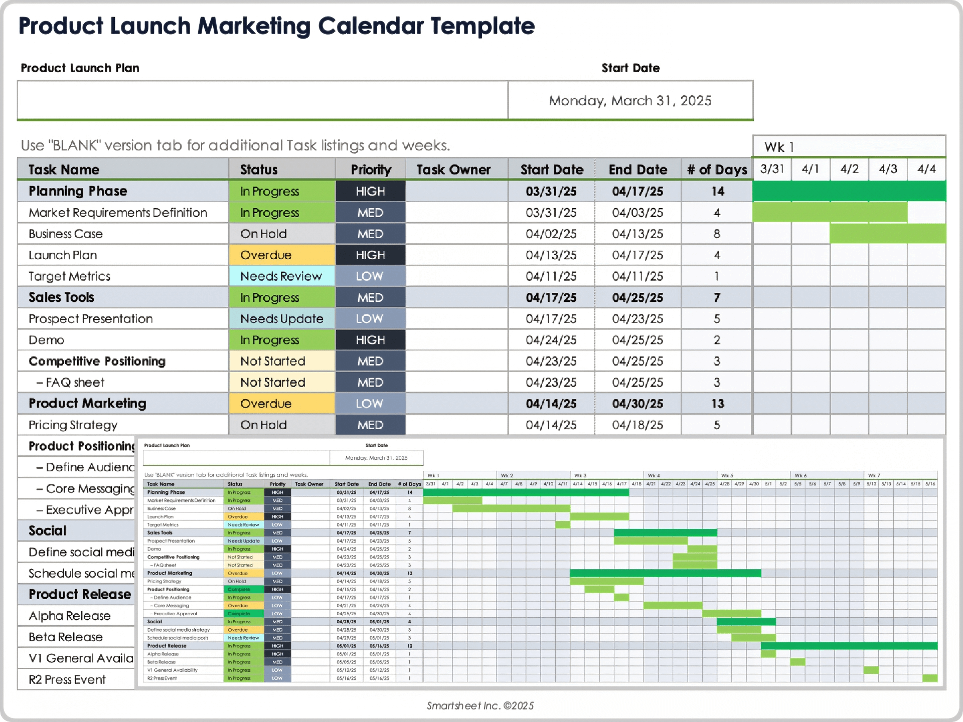 Modello di calendario marketing di lancio del prodotto