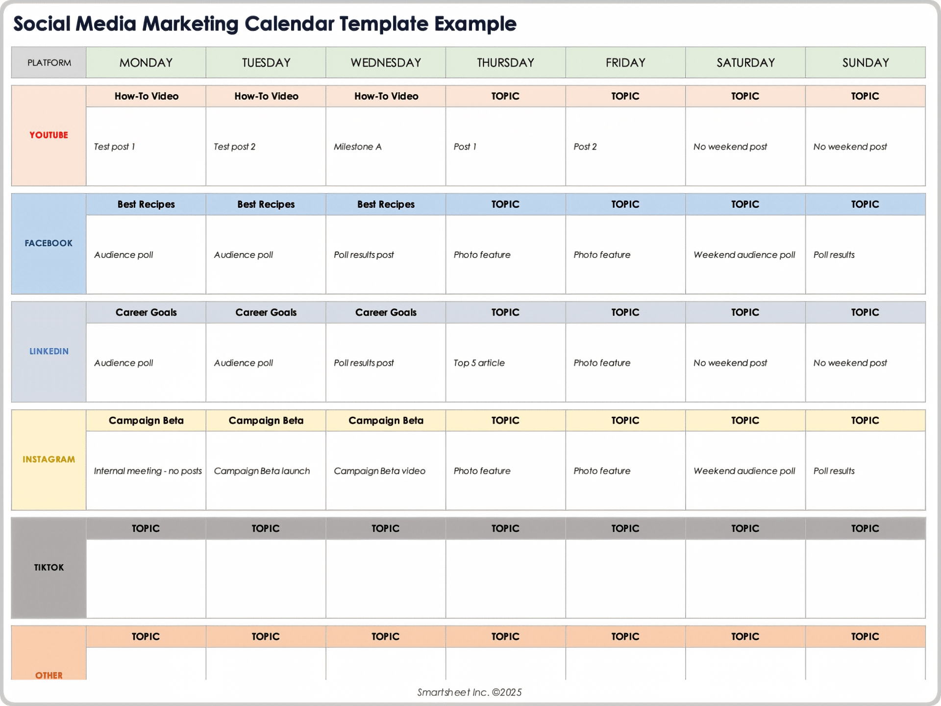Esempio di modello di calendario marketing dei social media