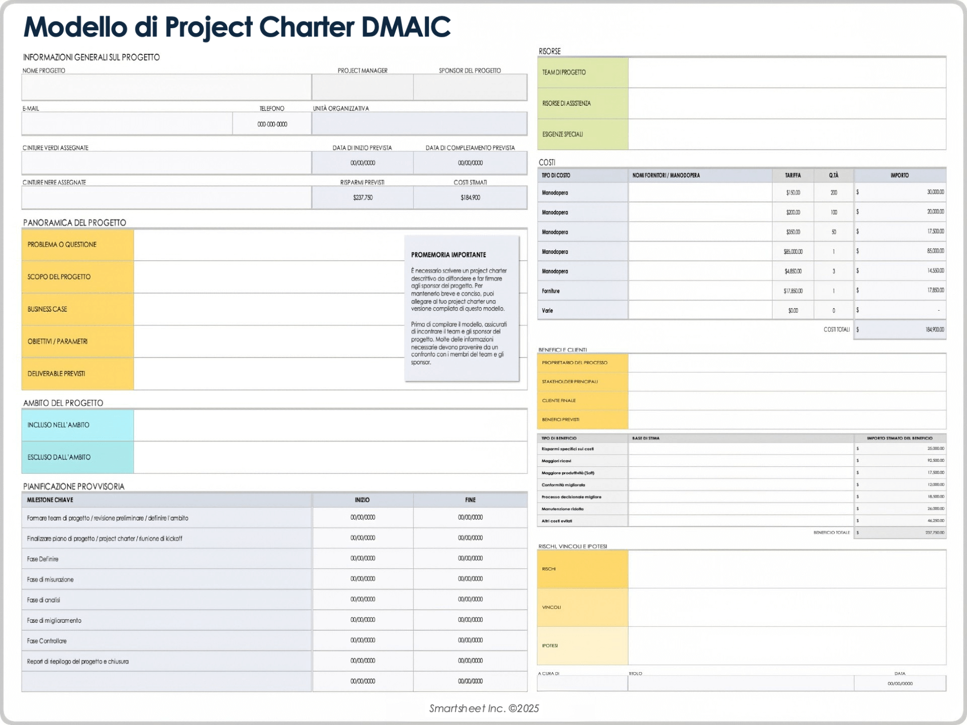 Modello di project charter DMAIC