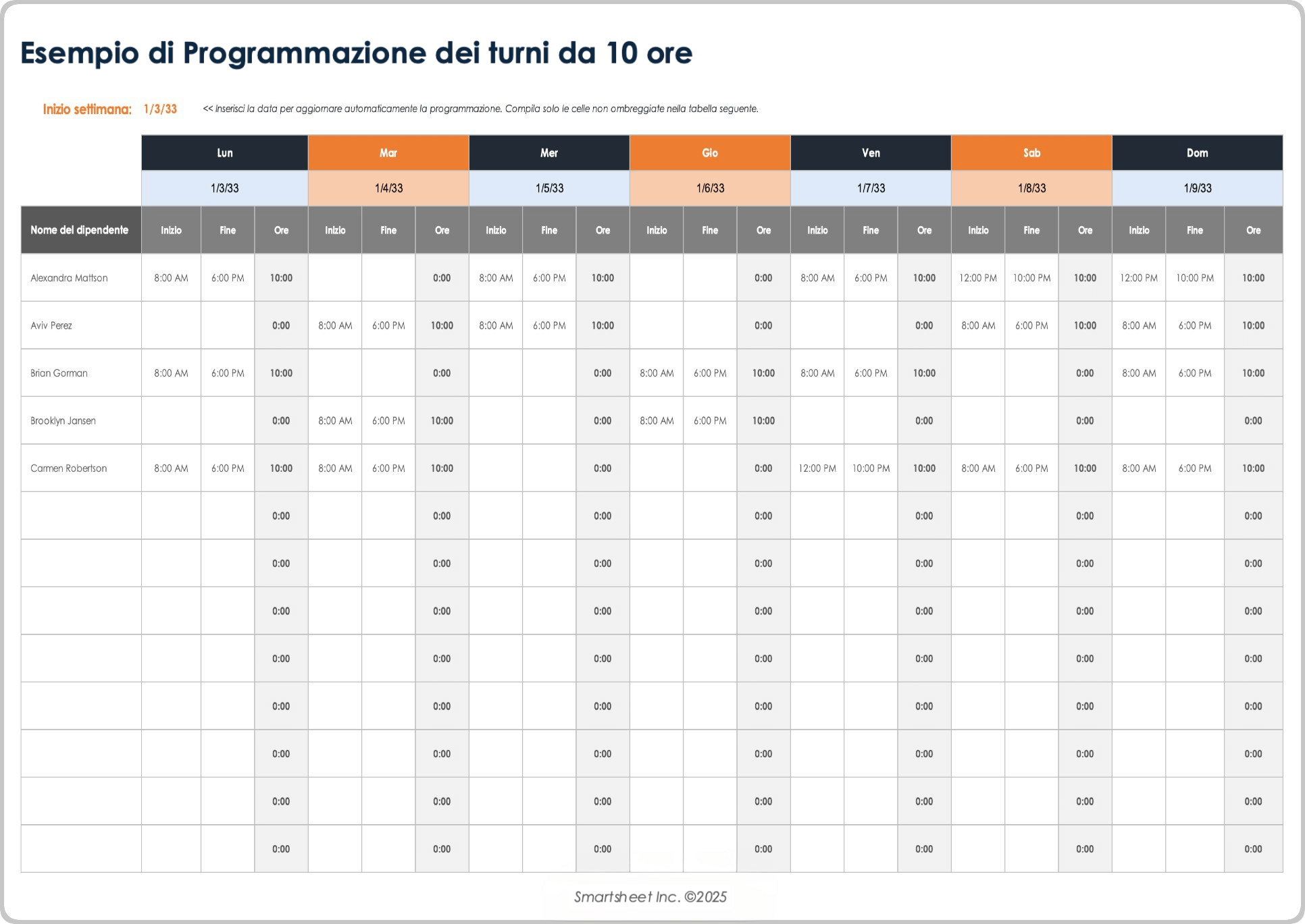 Modello di programmazione turni da 10 ore