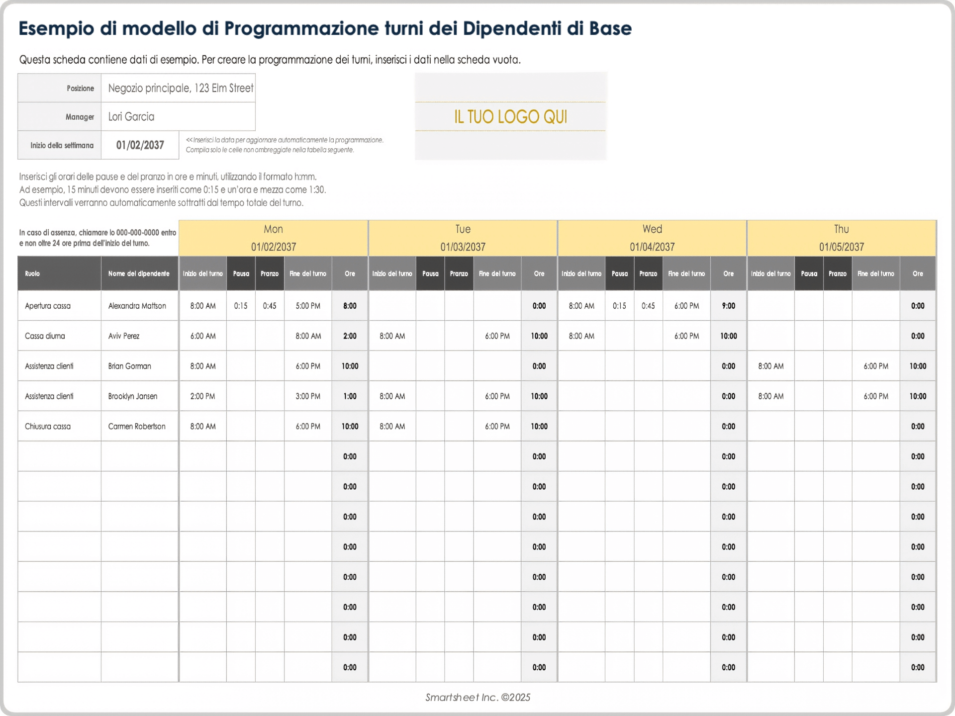 Modello di programmazione turni dei dipendenti di base