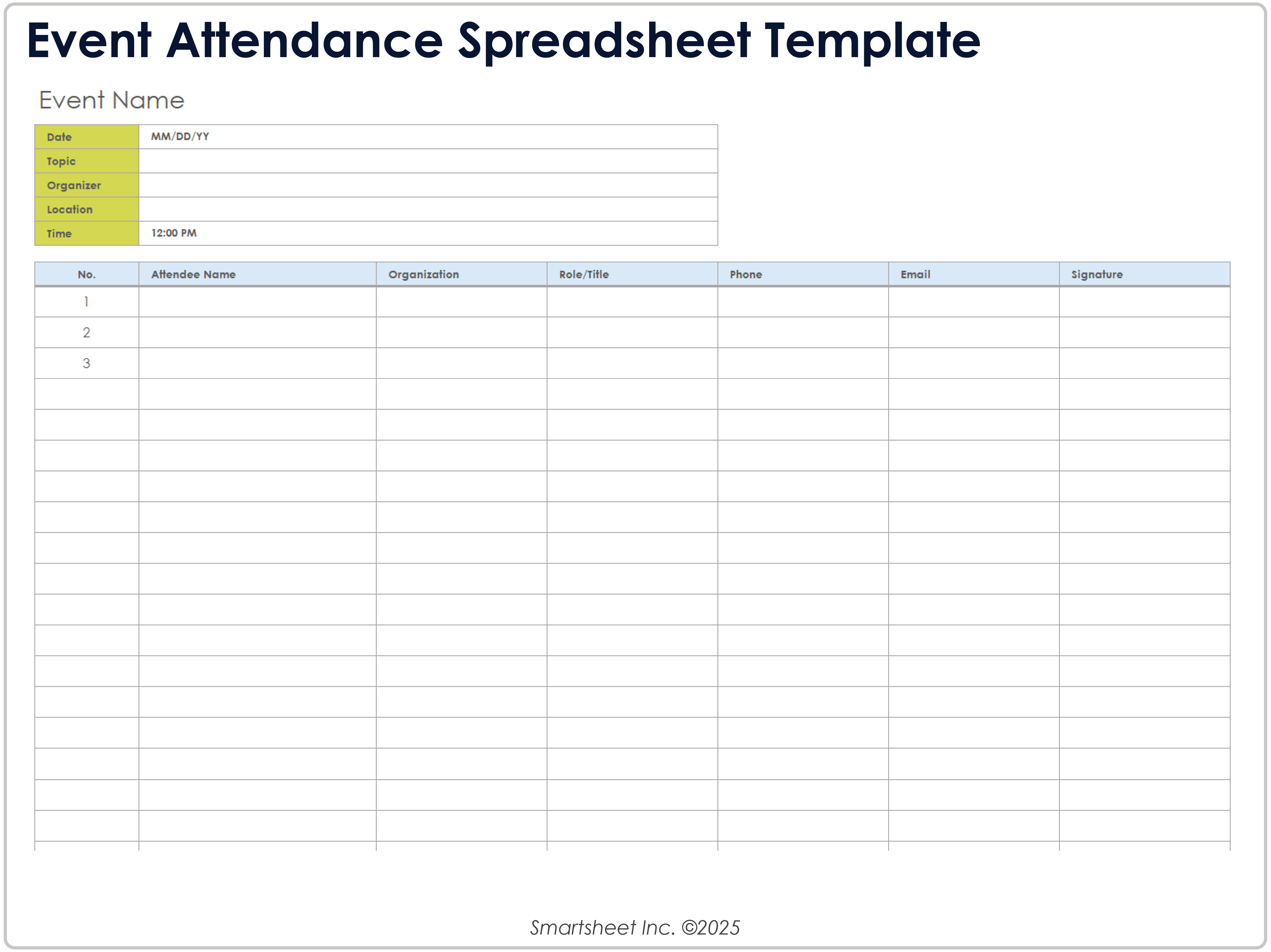 Modello di foglio di calcolo per la partecipazione agli eventi