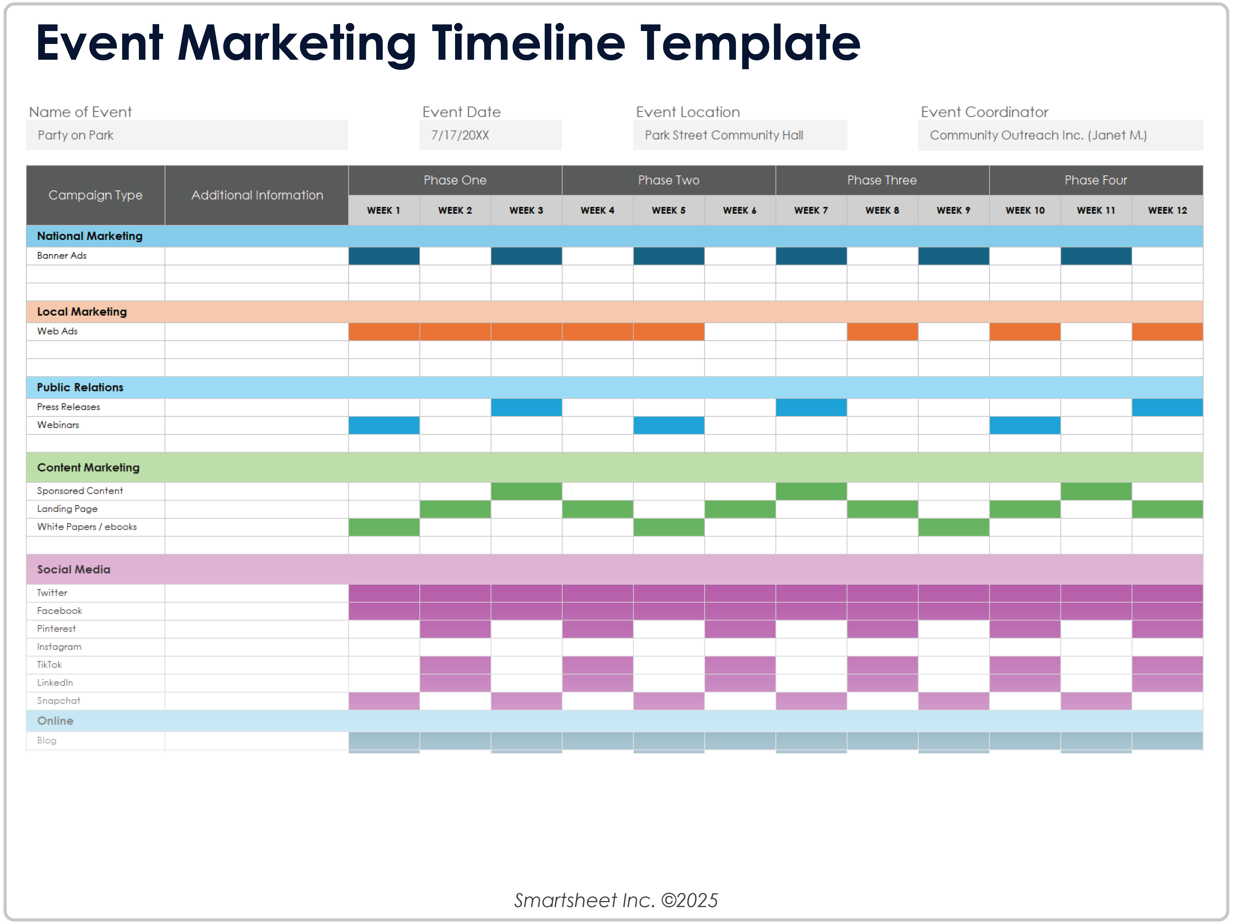Modello di timeline per il marketing di un evento