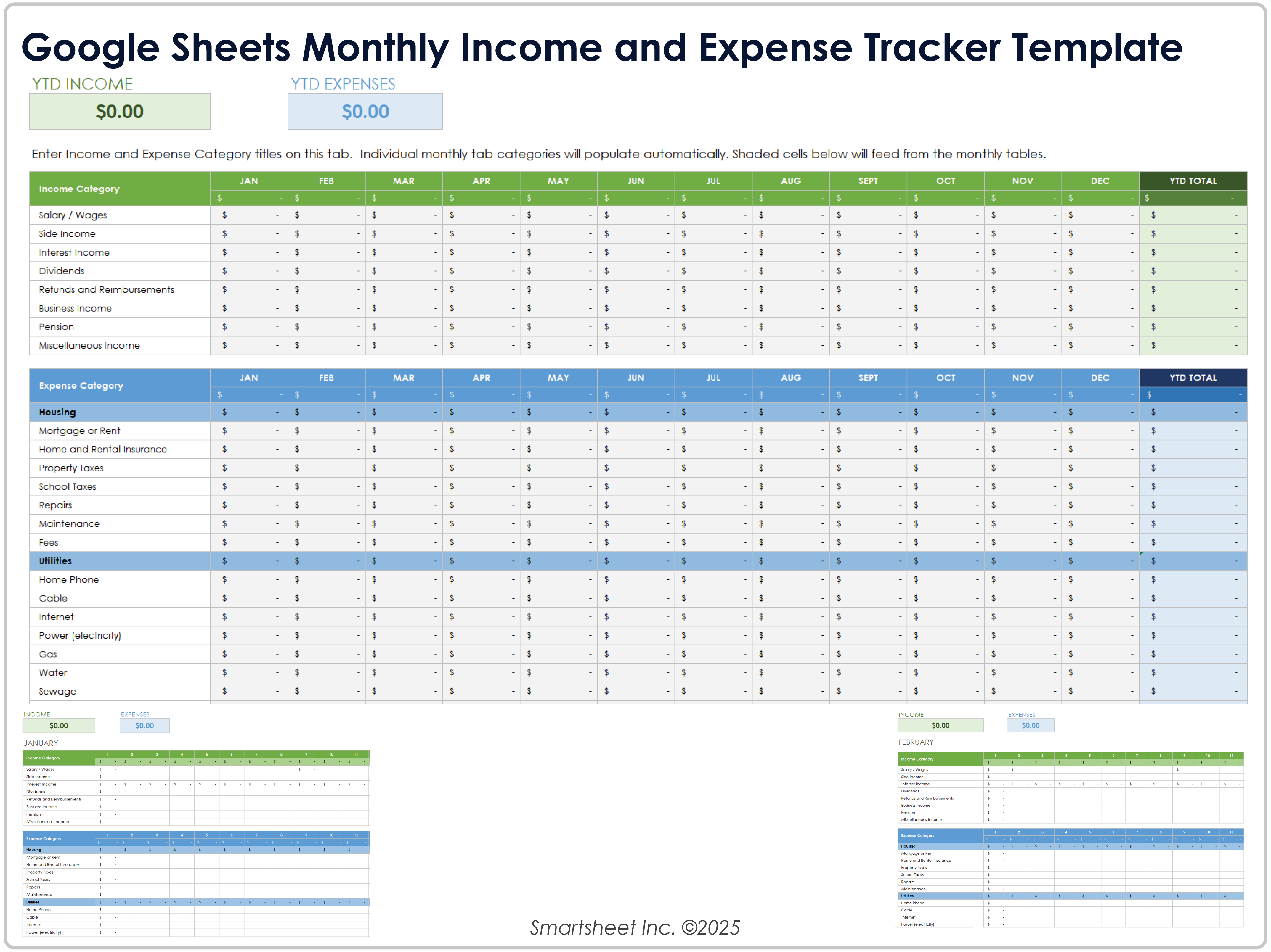 Modello di tracciamento mensile delle entrate e delle spese di Google Sheets