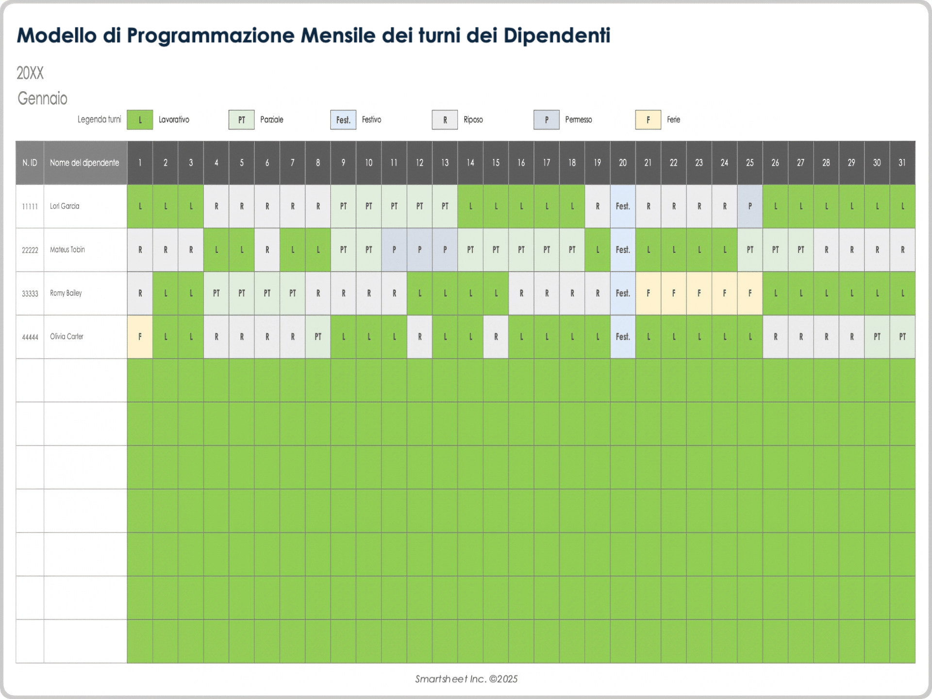 Modello di programmazione mensile dei turni dei dipendenti