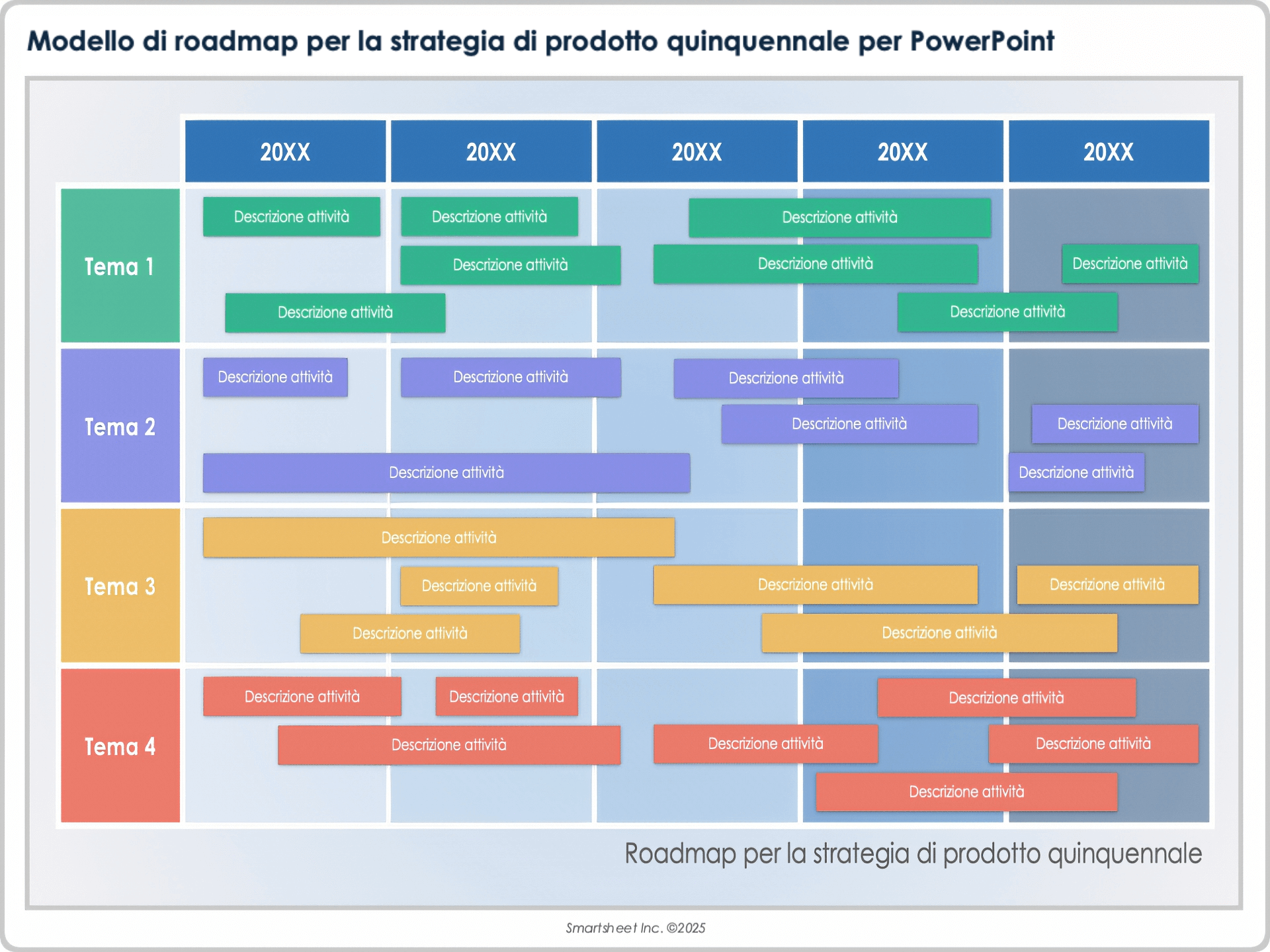 Modello di roadmap per la strategia di prodotto quinquennale per PowerPoint