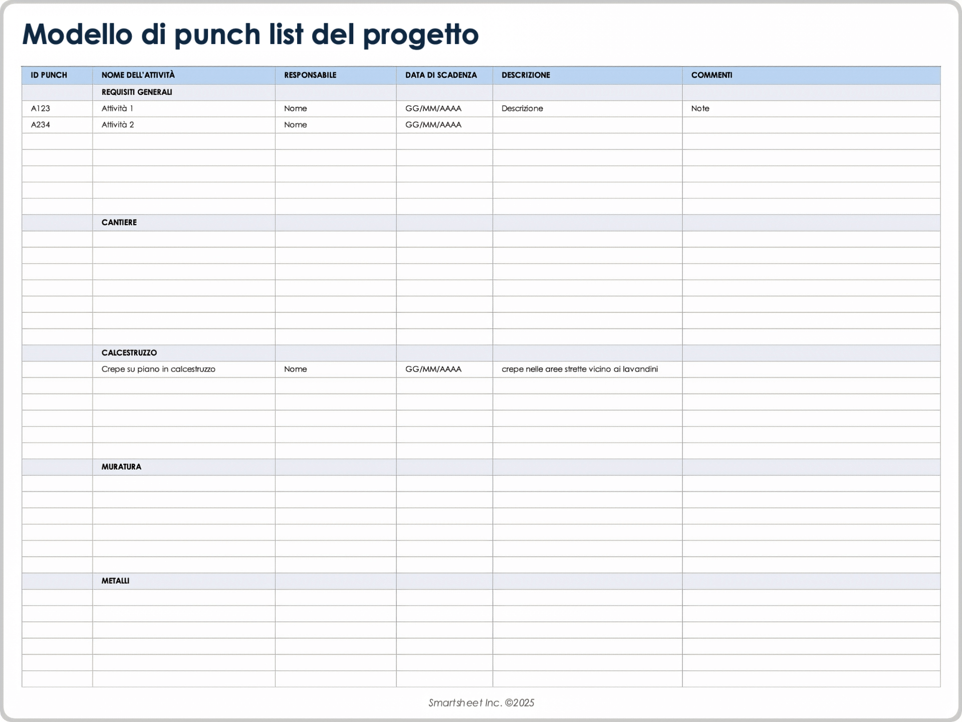 Modello di punch list del progetto